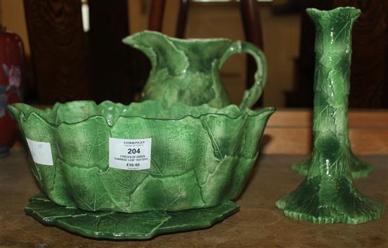 5 pieces of green cabbage leaf pottery, pair of candlesticks, bowl etc